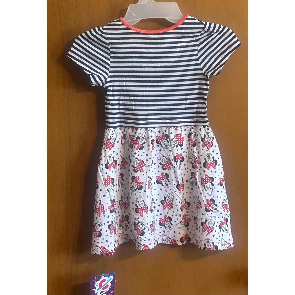 Disney Minnie Mouse Girls Dress Size 5 Navy Stripe‎ Red Bow Character Dress NWT